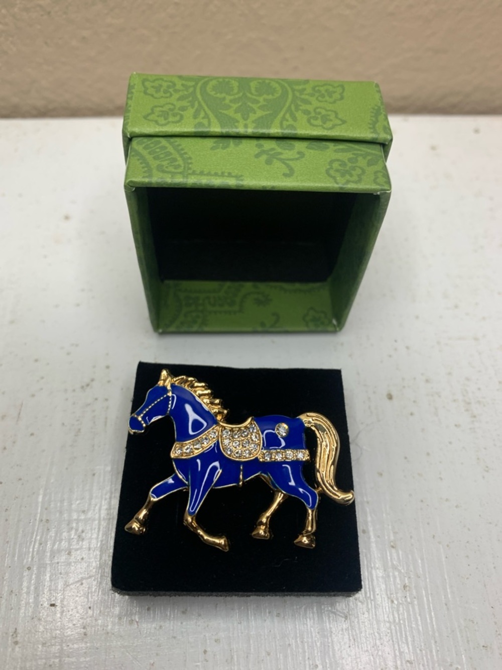 EQUESTRIAN Blue Enamel Horse Brooch with Gold Accents - Picture 2 of 4